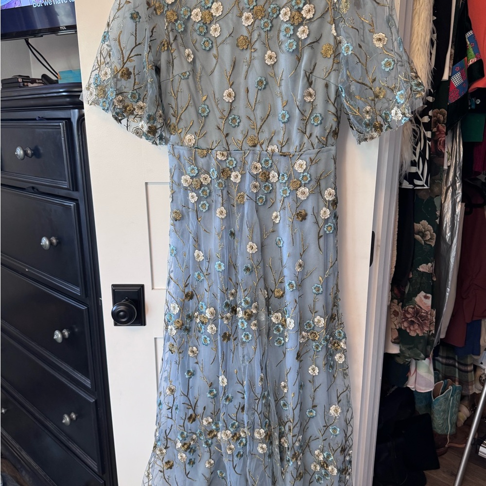 Baltic Born Blue Floral Embroidered Midi Dress